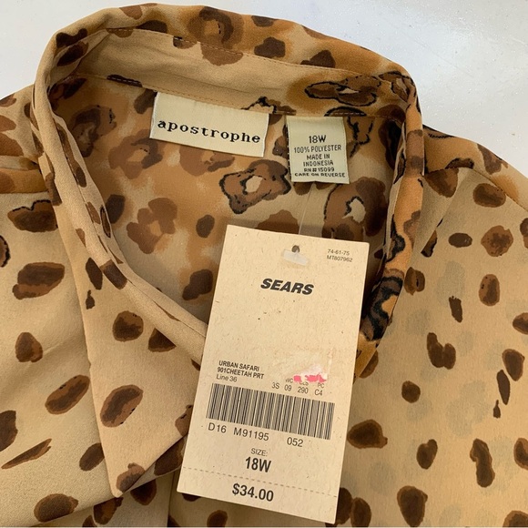 Apostrophe Blouse Woman 18W  Button Down Brown Animal Print‎ Ruffle Cuff Tunic - Picture 7 of 10